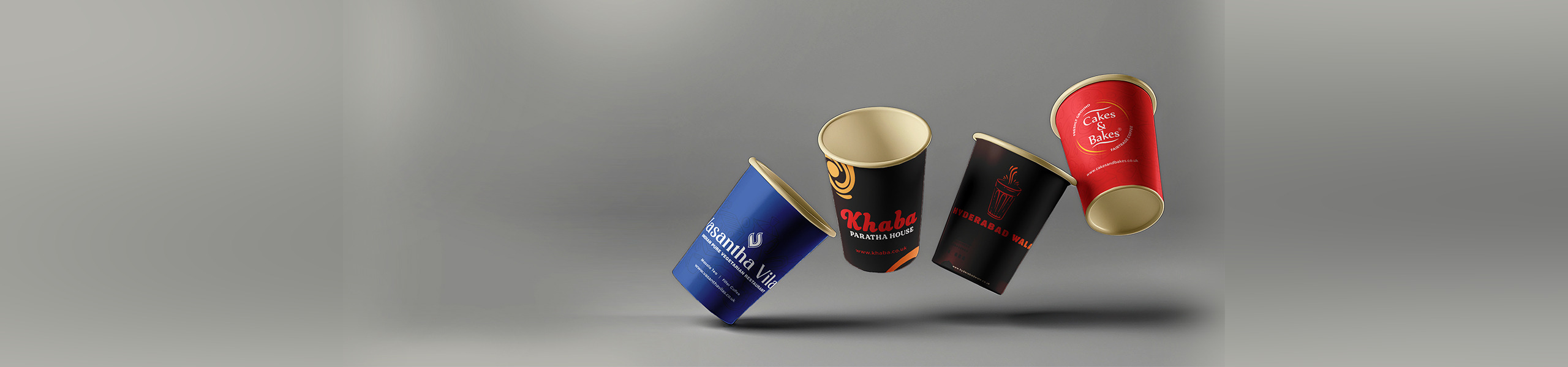 Custom printed paper cups for Vasantha Vilas, Khaba, Hyderabad Wala and Cakes & Bakes